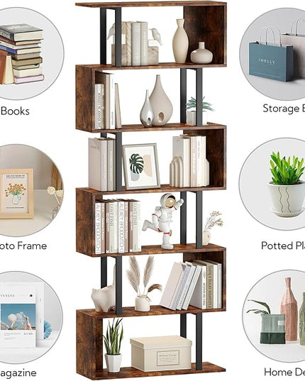 Yusong Geometric Bookcase, S Shaped Bookshelf 6-Tier Book Shelves for Bedroom, Modern Wood Decorative Display Shelf Tall Book Case for Home Office, Bown and Black - LeafyLoom