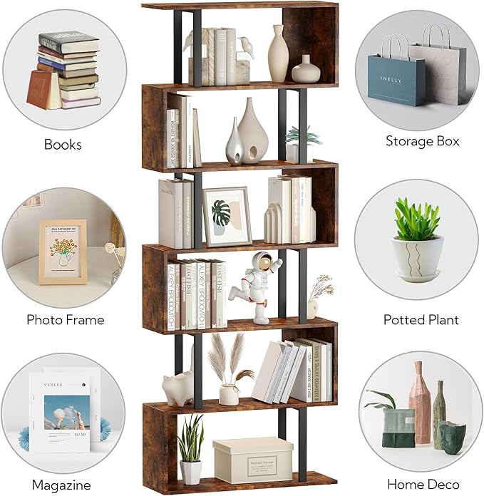 Yusong Geometric Bookcase, S Shaped Bookshelf 6-Tier Book Shelves for Bedroom, Modern Wood Decorative Display Shelf Tall Book Case for Home Office, Bown and Black - LeafyLoom