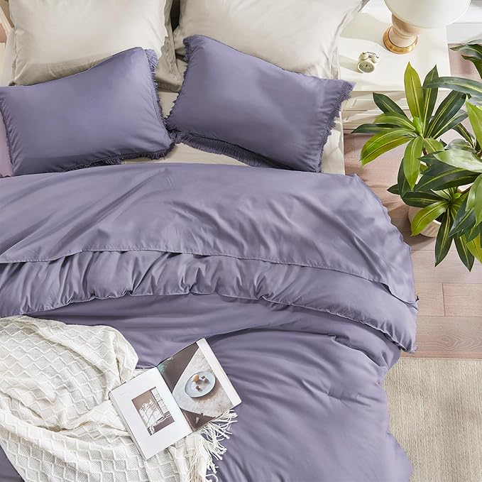 Andency Grayish Lavender Purple Comforter Set Queen, Boho Tassel Lightweight Bedding Comforter Sets, 3 Pieces All Season Soft Fluffy Fringe Bed Set (90x90In Comforter & 2 Pillowcases) - LeafyLoom