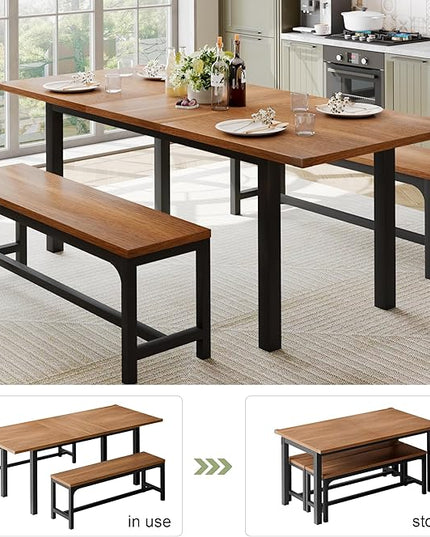 Feonase 63" Dining Table Set for 4-6, Extendable Dining Room Table with 2 Benches, 3 Pcs Kitchen Table for Small Space, Easy Clean, Walnut - LeafyLoom