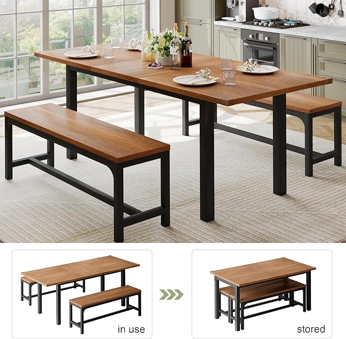 Feonase 63" Dining Table Set for 4-6, Extendable Dining Room Table with 2 Benches, 3 Pcs Kitchen Table for Small Space, Easy Clean, Walnut - LeafyLoom