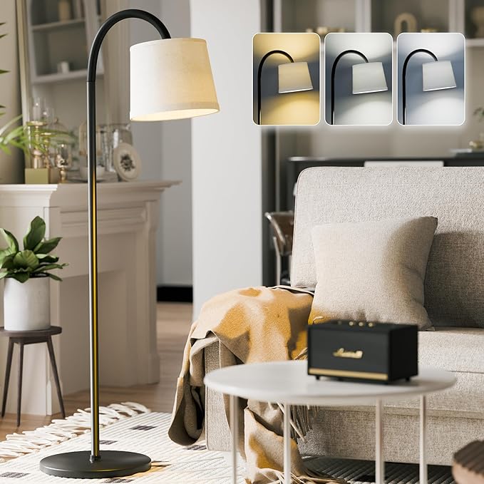 Floor Lamp for Living Room, Dimmable Floor Lamps (3 Color Temperatures and 9w Led Bulb), Standing Lamp with White Lamp Shade, Modern Tall Arc Floor Lamp for Bedroom, Office, Study - LeafyLoom