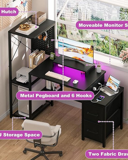 Small Gaming Desk with 2 Fabric Drawers - Reversible Computer Desk with Power Outlet & LED Lights, 49" Office Desk with Monitor Stand & Storage Shelves, Writing Study Table with Pegboard, Black - LeafyLoom