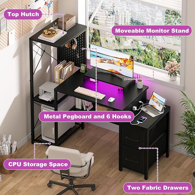 Small Gaming Desk with 2 Fabric Drawers - Reversible Computer Desk with Power Outlet & LED Lights, 49" Office Desk with Monitor Stand & Storage Shelves, Writing Study Table with Pegboard, Black - LeafyLoom