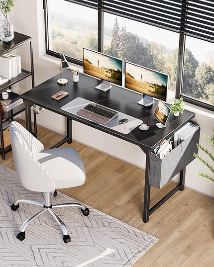 OLIXIS Computer Desk 55 Inch Home Office Work Study Writing Student Kids Bedroom Wood Modern Simple 2 Person PC Table with Storage Bag & Headphone Hooks, Black - LeafyLoom