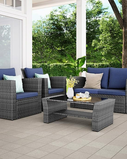 Wisteria Lane 4 Piece Outdoor Patio Furniture Sets, Wicker Conversation Set for Porch Deck, Grey Rattan Sofa Chair with Cushion （Blue - LeafyLoom