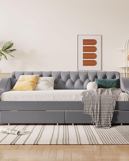 Twin Size Daybed with Storage Armrests & 2 Drawers,Upholstered Sofa Bed W/USB Ports & Button Tufted Backrest,No Box Spring Needed,Multi-Function Bedframe for Living Room Bedroom,Gray Velvet - LeafyLoom