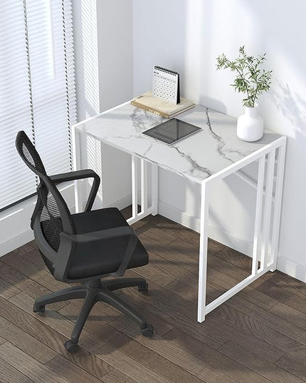32 inch Folding Small Desk, Writing Gaming Computer Camping Desk for Small Spaces, No Assembly Required Home Office Desk, White Marble - LeafyLoom