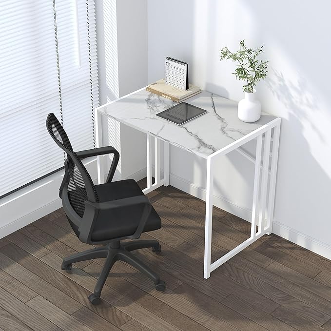 32 inch Folding Small Desk, Writing Gaming Computer Camping Desk for Small Spaces, No Assembly Required Home Office Desk, White Marble - LeafyLoom