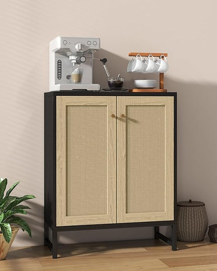 Panana Rattan Decorated 2 Doors Storage Cabinet Accent Cabinet Living Room Cupboard Kitchen Sideboard Buffet Table (Black Cabinet) - LeafyLoom