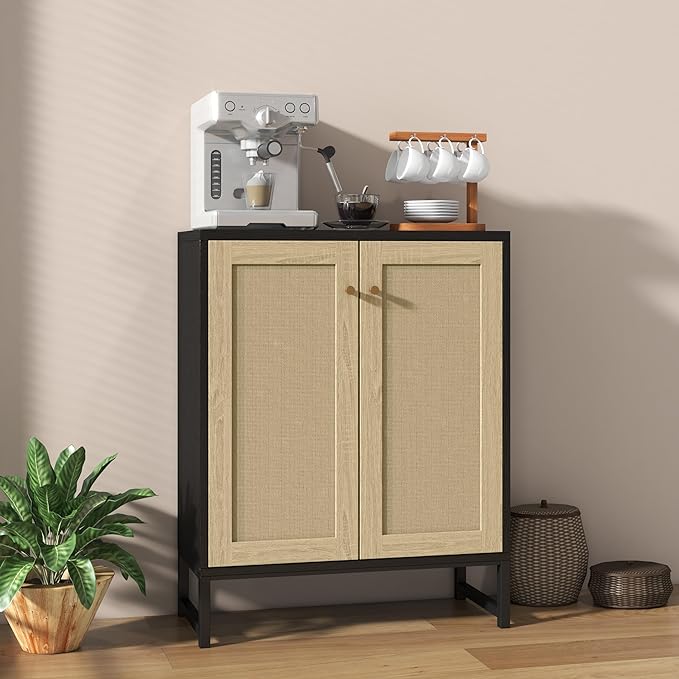 Panana Rattan Decorated 2 Doors Storage Cabinet Accent Cabinet Living Room Cupboard Kitchen Sideboard Buffet Table (Black Cabinet) - LeafyLoom