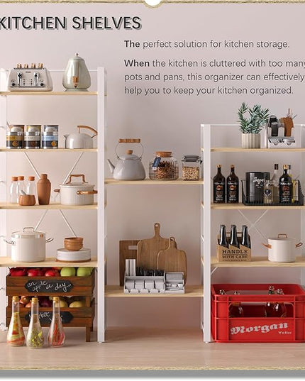 4NM Bookshelf Industrial Bookcase 5 Tier Home Office Adjustable Bookshelves Storage Shelves Organizer Vintage Book shelf Display Rack for Living Room, Bedroom,Home - Natural - LeafyLoom