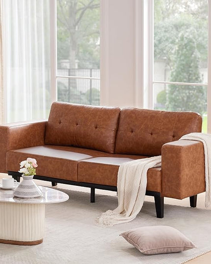 79'' Leather Sofa, 3-Seat Oversized Loveseat Sofa, Mid Century Modern Couch Sofa for Living Room, Deep Brown Faux Leather Couch Bedroom Apartment with Solid Wood Legs Upholstered Cushion, Brown - LeafyLoom