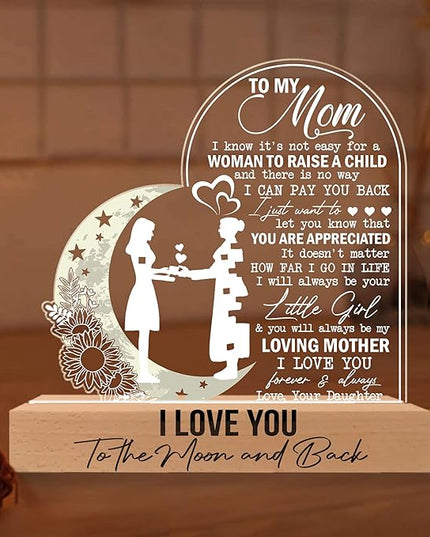 Mom 3D Illusion Lamp w/Wooden Base USB Powered, Mom Acrylic Night Light, to My Mom Gift from Son Kids, Bonus Mom Stepmom Gift, Lamp Present for Mom Mother, Gift for Birthday Mothers Day - LeafyLoom