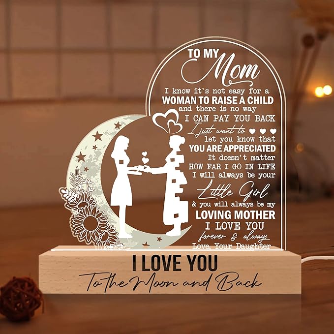 Mom 3D Illusion Lamp w/Wooden Base USB Powered, Mom Acrylic Night Light, to My Mom Gift from Son Kids, Bonus Mom Stepmom Gift, Lamp Present for Mom Mother, Gift for Birthday Mothers Day - LeafyLoom