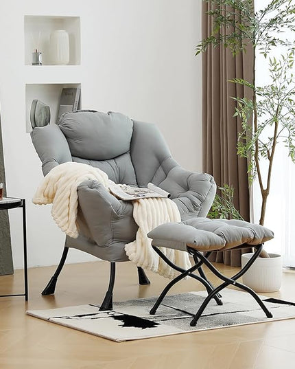 Lazy Chair with Ottoman, Modern Chair with Folding Footrest, Lounge Accent Chair, Comfortable Reading Chair (Peach Light Grey) - LeafyLoom