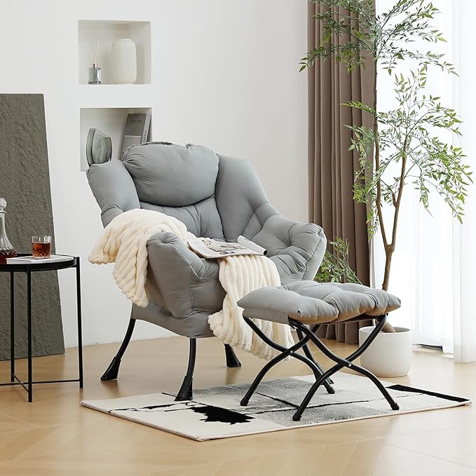 Lazy Chair with Ottoman, Modern Chair with Folding Footrest, Lounge Accent Chair, Comfortable Reading Chair (Peach Light Grey) - LeafyLoom