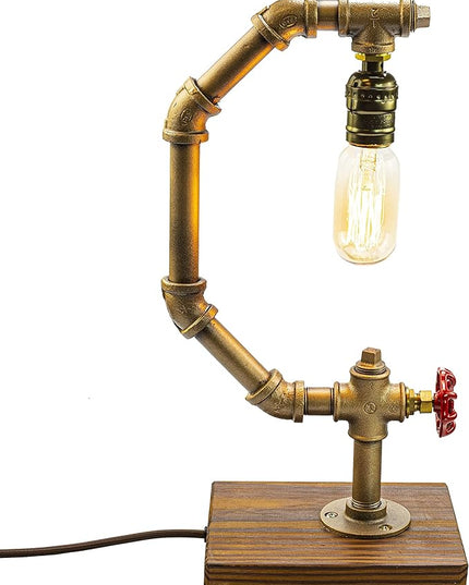 Steampunk Lamp with Dimmer, Dimmable Loft Style Industrial Vintage Antique Style Light with Bulb, Wood Base with Iron Piping Desk Lamp, Retro Desk Lamp LL-032 - LeafyLoom