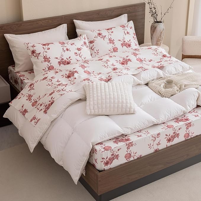 QSH Floral Queen Size Sheet Sets - 100% Egyptian Cotton Sheets Elegant Red Roses Flower Pattern Printed Bedding Sheets Queen Size Bed Extra Soft and Breathable 4pcs Deep Pockets Bed Sheets - LeafyLoom