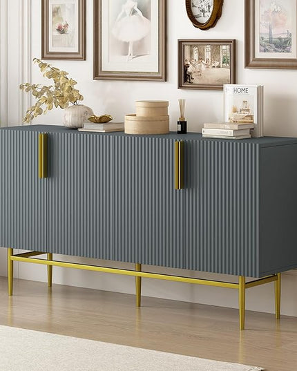 60" Modern 4-Door Elegant Sideboard with Gold Metal Handles and Legs,Storage Buffet Cabinet,W/Adjustable Shelves & Open Countertop,Console Table for Dining Living Room Hallway,Gray - LeafyLoom