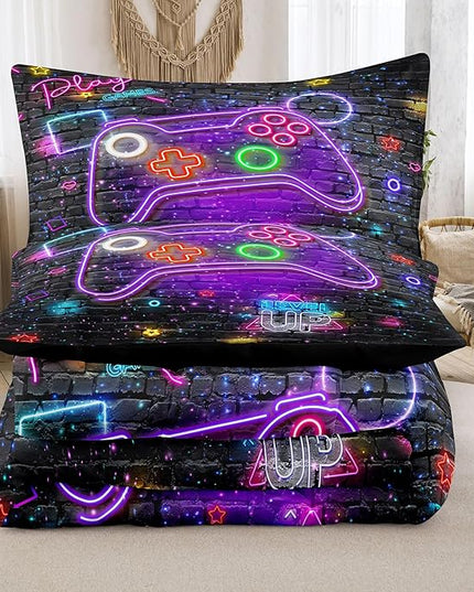 NINENINE Gaming Bedding Sets for Boys,6PCS Queen Size for Boys,Gamer Comforter Kids Teens Bedding Comforter Sheet Set(1Comforter,1Flat Sheet,1Fitted Sheet,1Cushion Cover,2Pillowcases)… - LeafyLoom