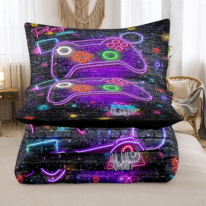 NINENINE Gaming Comforter Gamer Bedding Sets for Boys,6PCS Full Size Bedding Sets for Boys,Bed in A Bag Gamer Comforter Sets(1Comforter,1Flat Sheet,1Fitted Sheet,1Cushion Cover,2Pillowcases)… - LeafyLoom