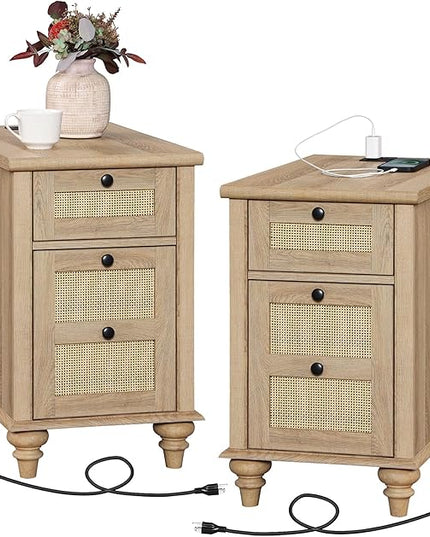 WAMPAT End Tables with Charging Station Set of 2, Rattan Side Table Farmhouse Nightstand with Drawer & Cabinet, Wooden Bedside Table with Power Outlets & USB Ports for Bedroom & Living Room, Burlywood - LeafyLoom