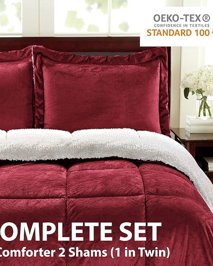 Cathay Home Twin Comforter Set: Ultra Soft and Plush Reversible Micromink and Sherpa 2-Piece Bedding Set, Burgundy, Twin (66" x 86") - LeafyLoom