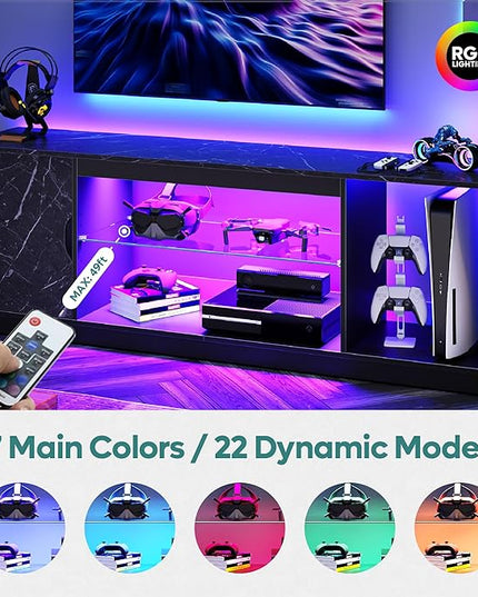 Bestier LED TV Stand for 55/60/65 Inch TV, Gaming Entertainment Center with Cabinet for PS5, Modern TV Cabinet with Adjustable Glass Shelves for Living Room, Bedroom 58 Inch,Black Marble - LeafyLoom