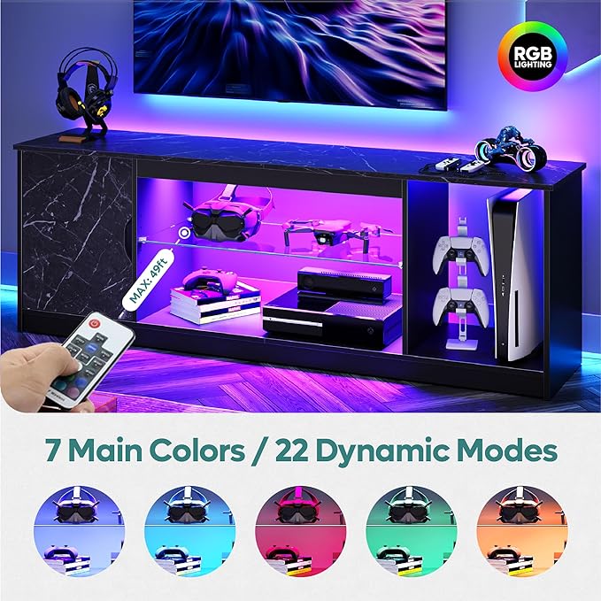 Bestier LED TV Stand for 55/60/65 Inch TV, Gaming Entertainment Center with Cabinet for PS5, Modern TV Cabinet with Adjustable Glass Shelves for Living Room, Bedroom 58 Inch,Black Marble - LeafyLoom