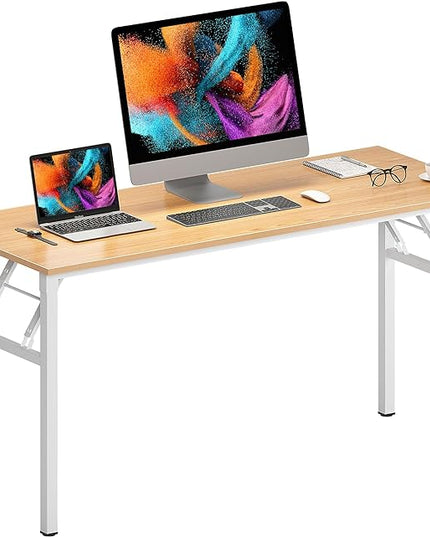 Need Home Office Desk Large Computer Desk 60 inch Sturdy Table Foldable Desk Gaming Computer Table No Assembly Required, Teak&White Frame AC5BW(152.4 * 60) - LeafyLoom