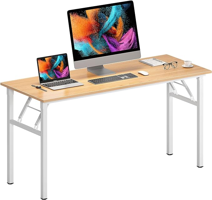 Need Home Office Desk Large Computer Desk 60 inch Sturdy Table Foldable Desk Gaming Computer Table No Assembly Required, Teak&White Frame AC5BW(152.4 * 60) - LeafyLoom