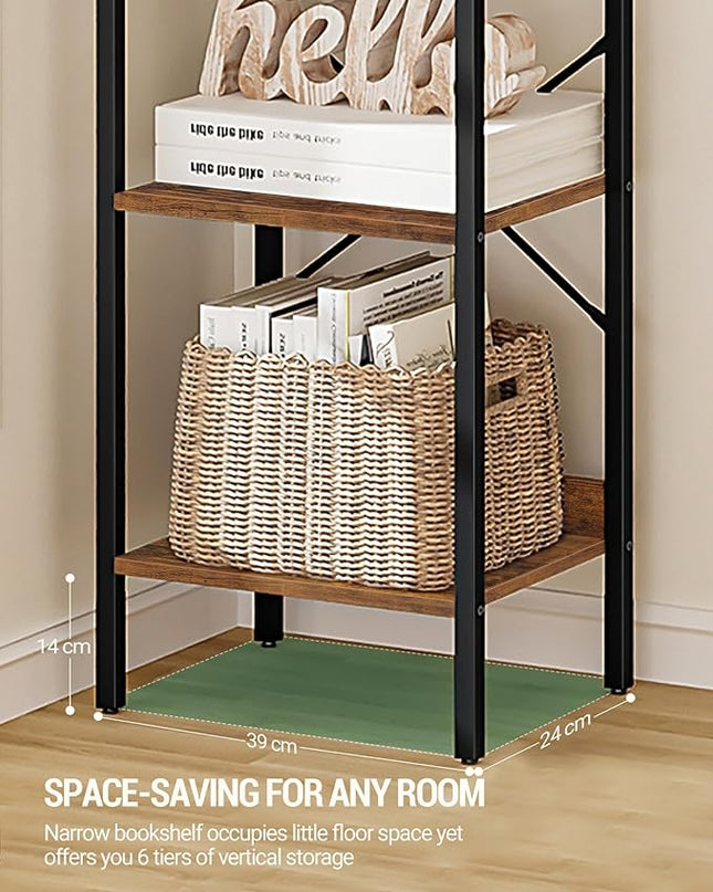 Bookshelf, Book Shelf, Industrial Bookcase with 2 Hooks, Coner Shelf Storage Organizer for Home Office, Living Room, Bedroom, Kitchen, 6-Tier Rustic Brown BC10701B - LeafyLoom