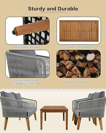 4-Piece, Outdoor Furniture with Loveseat, 2 Chairs and Table, Patio Conversation Set Deep Seating with Thick Backyard Porch Balcony, Zh-Dark Grey Cushion + Grey Rope - LeafyLoom