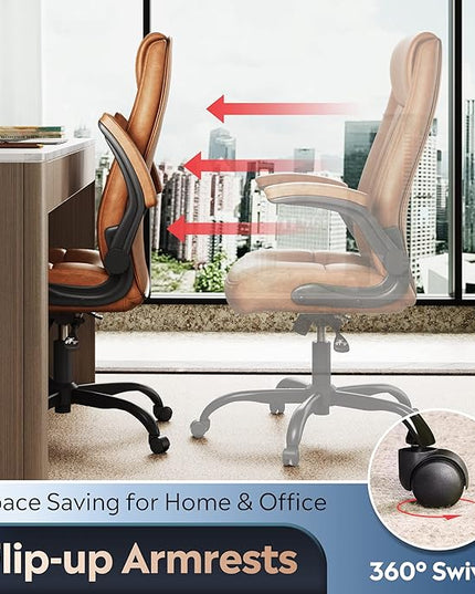 DEVAISE Computer Office Chair, High Back Ergonomic Desk Chair with Adjustable Flip-up Armrests, Lumbar Support and Thick Headrest, Executive Suede Fabric Swivel Task Chair, Brown - LeafyLoom