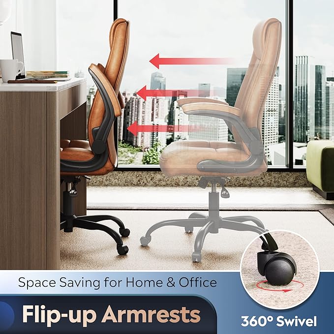 DEVAISE Computer Office Chair, High Back Ergonomic Desk Chair with Adjustable Flip-up Armrests, Lumbar Support and Thick Headrest, Executive Suede Fabric Swivel Task Chair, Brown - LeafyLoom