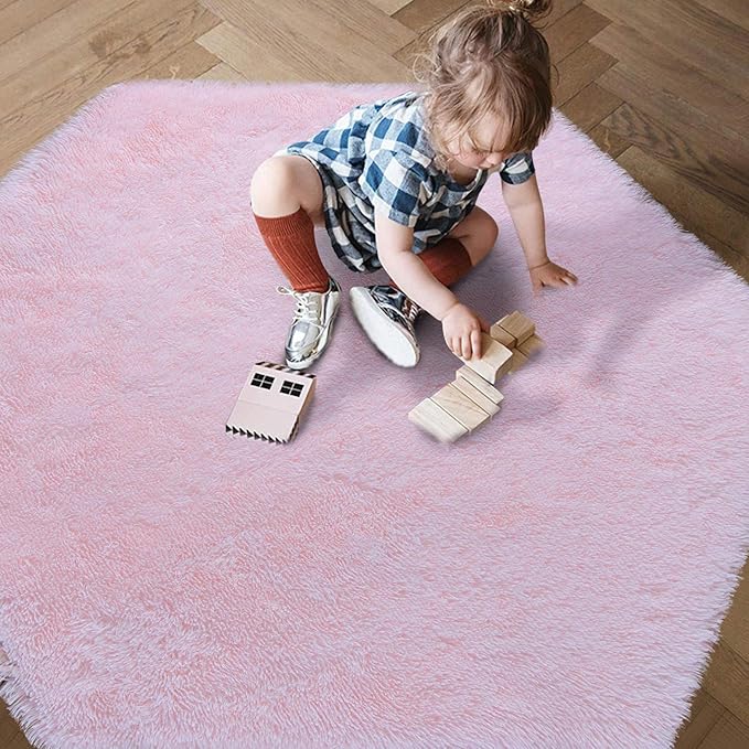 junovo Ultra Soft Rug for Nursery Children Room Baby Room Home Decor Dormitory Hexagon Carpet for Playhouse Princess Tent Kids Play Castle, Diameter 4.6 ft, Pink - LeafyLoom