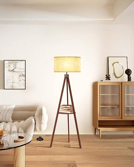 LEPOWER Tripod Floor Lamp, Mid Century Wood Standing Lamp, Modern Design Shelf Floor Lamp for Living Room, Bedroom, Office, Flaxen Lamp Shade with E26 Lamp Base Brown - LeafyLoom