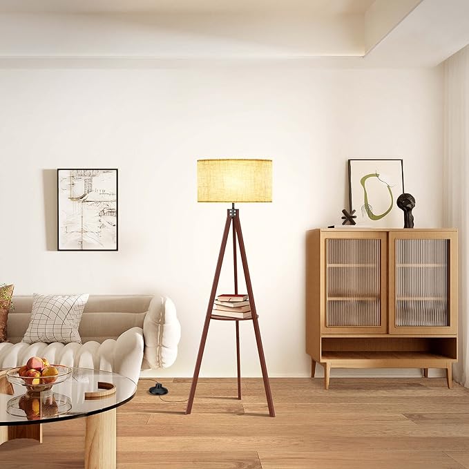 LEPOWER Tripod Floor Lamp, Mid Century Wood Standing Lamp, Modern Design Shelf Floor Lamp for Living Room, Bedroom, Office, Flaxen Lamp Shade with E26 Lamp Base Brown - LeafyLoom