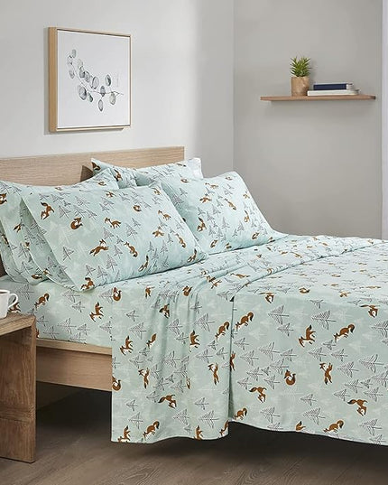 Comfort Spaces Cotton Flannel Breathable Warm, Deep Pocket Sheets with Pillow Case Bedding, Queen, Seafoam Foxes 4 Piece - LeafyLoom