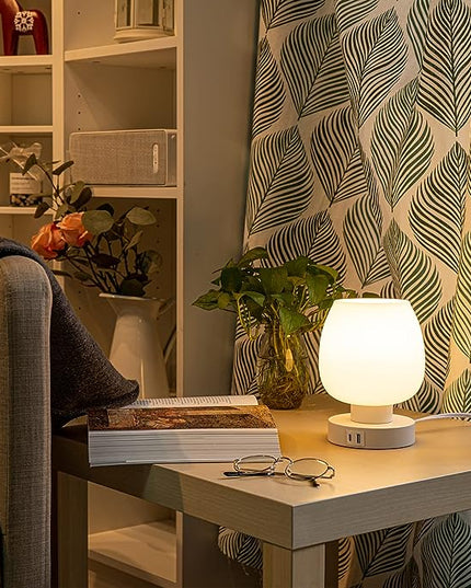 Touch Bedside Table Lamp - Small Lamp for Bedroom with USB C+A Charging Ports 3 Way Dimmable, Nightstand Desk lamp with White Opal Glass Lamp Shade Warm LED Bulb Included, Simple Design Gifts - LeafyLoom