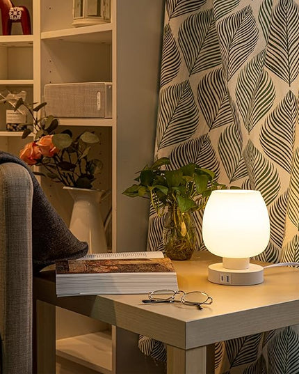 Touch Bedside Table Lamp Set of 2 - Small Modern Nightstand Lamp for Bedroom with USB C+A Charging Ports, 3-Way Dimable Desk lamp with White Opal Glass Lamp Shade, 3000K LED Bulb, Simple Design - LeafyLoom