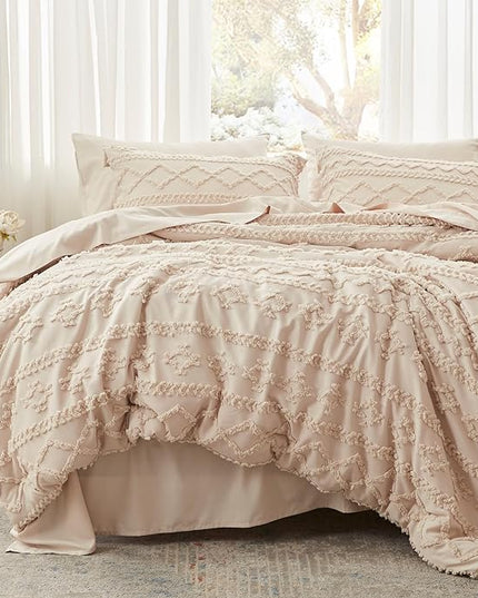 Anluoer Twin Comforter Set 5 Pieces, Beige Tufted Bed in a Bag with comforters and sheets, All Season Bedding Sets with 1 Comforter, 1 PillowShams, 1 Pillowcases, 1 Flat Sheet, 1 Fitted Sheet - LeafyLoom