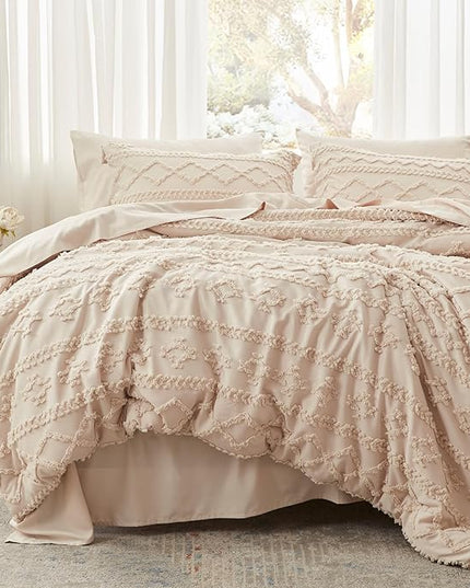 Anluoer King Comforter Set 7 Pieces, Beige Tufted Bed in a Bag with comforters and sheets, All Season Bedding Sets with 1 Comforter, 2 PillowShams, 2 Pillowcases, 1 Flat Sheet, 1 Fitted Sheet - LeafyLoom