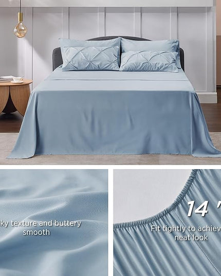 Bedsure Blue Comforter Set Queen - Bed in a Bag Queen 7 Pieces, Pintuck Bedding Sets Light Blue Bed Set with Comforter, Sheets, Pillowcases & Shams - LeafyLoom