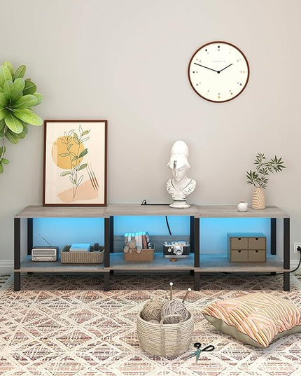 LED TV Stand with Power Outlet for Living Room+75 Inch Wood TV Media Console for 45/55/65/75 inch TVs，Industrial TV Stand，TV Stand Media Entertainment Center,Greige LTV06ZE - LeafyLoom