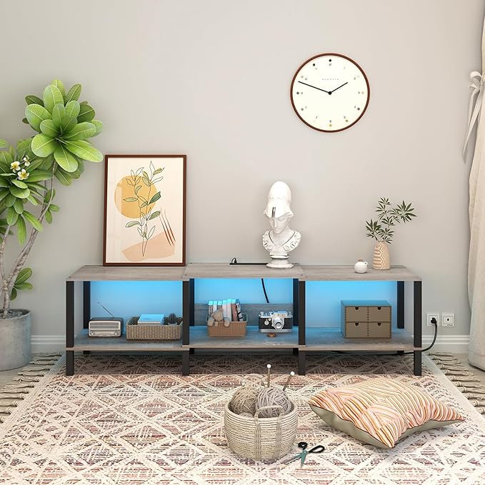 LED TV Stand with Power Outlet for Living Room+75 Inch Wood TV Media Console for 45/55/65/75 inch TVs，Industrial TV Stand，TV Stand Media Entertainment Center,Greige LTV06ZE - LeafyLoom