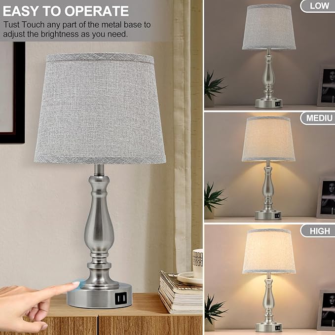 Nightstand Table Lamps for Bedroom Set of 2, Touch Bedside Lamps with Dual USB Ports, 3 Way Dimmable Bedroom Lamps for End Tables, Modern Night Stand Lamps for Living Room Guest Room - LeafyLoom