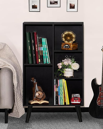 YAHARBO Small Black Narrow Bookshelf,3 Tier Modern Bookcase with Legs,Bookshelves Wood Storage Shelf,Rustic Book Shelves Cube Organizer,Display Bookcase - LeafyLoom