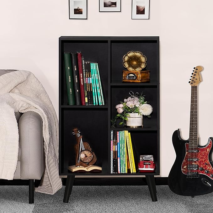 YAHARBO Small Black Narrow Bookshelf,3 Tier Modern Bookcase with Legs,Bookshelves Wood Storage Shelf,Rustic Book Shelves Cube Organizer,Display Bookcase - LeafyLoom